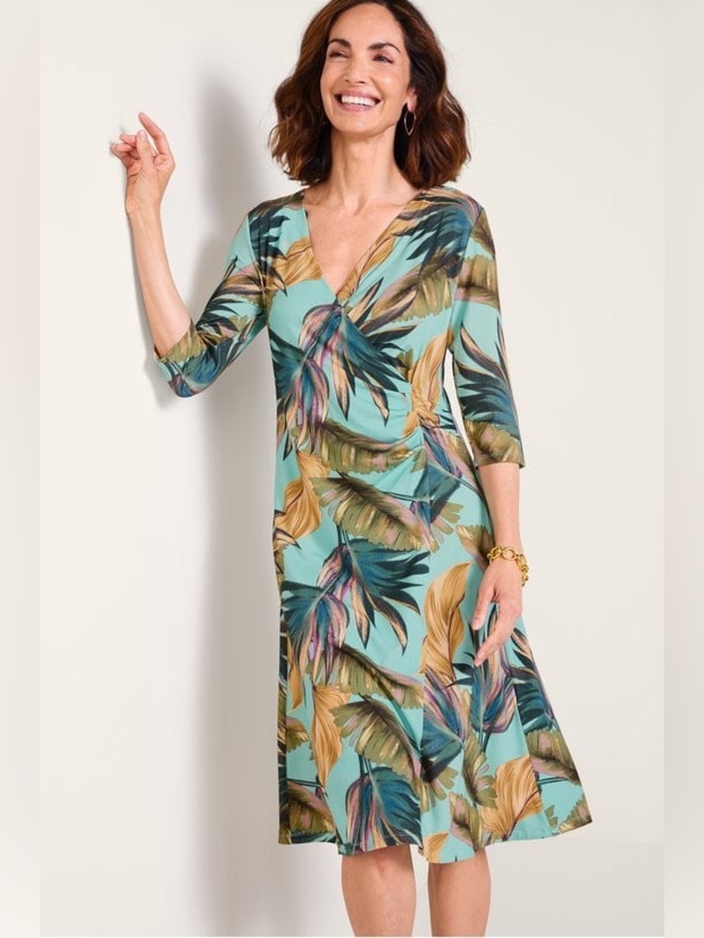 Soft Surroundings Hyannis Ruched Faux Wrap Dress Tropical Leaf Pattern 2X